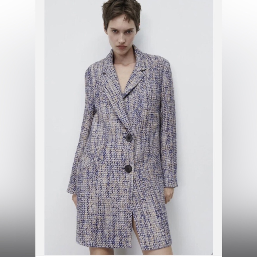 Zara Women's Blue Tweed Coat size medium NWT